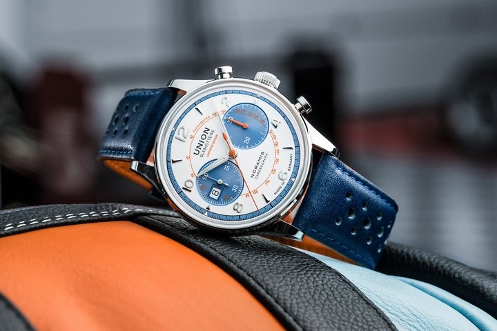 Fluctuating between elegant and vintage, Union Glashütte focuses on chronographs, like this new Noramis Chronograph Sachsen Classic 2024 model with its bright orange, light blue and matte white accents, reminiscent of the motor sports of the 1970s and 1980s.