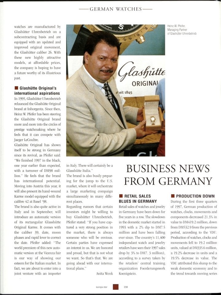 In this 1998 article, Europa Star looks back at the revival of Union Glashütte, which together with Glashütte Original was relaunched following the fall of the Berlin Wall. Ten years later, the two brands were separated, to be operated independently of one another.