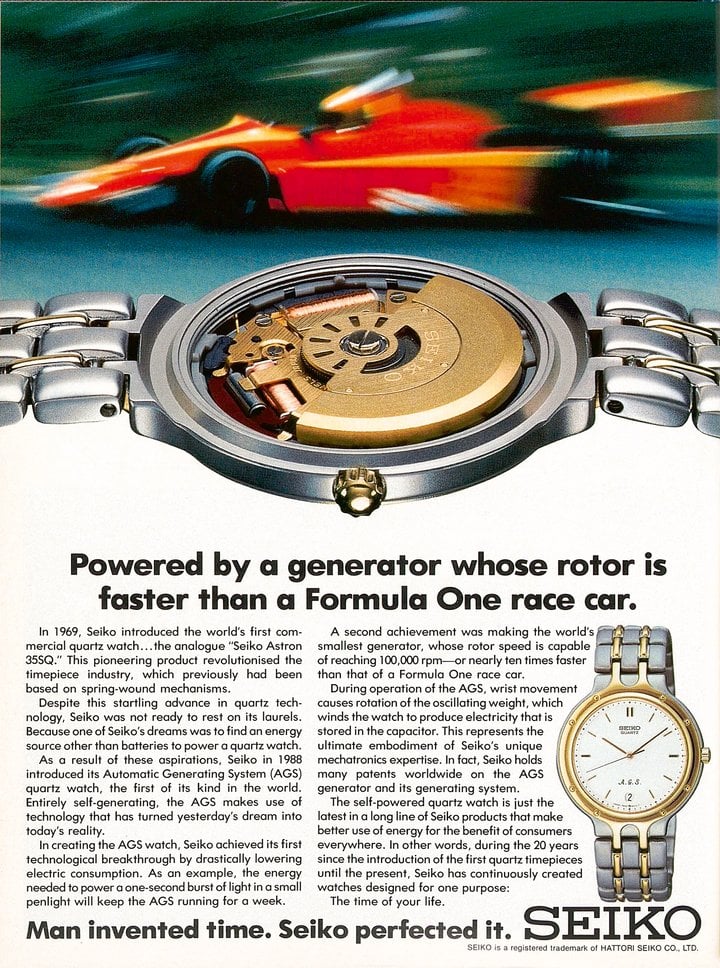 1989: The first quartz automatic timepiece realises the dream of a battery-free electronic watch, powered by the movements of the arm. The ad emphasises that the rotor's speed is ten times faster than a Formula 1 race car.