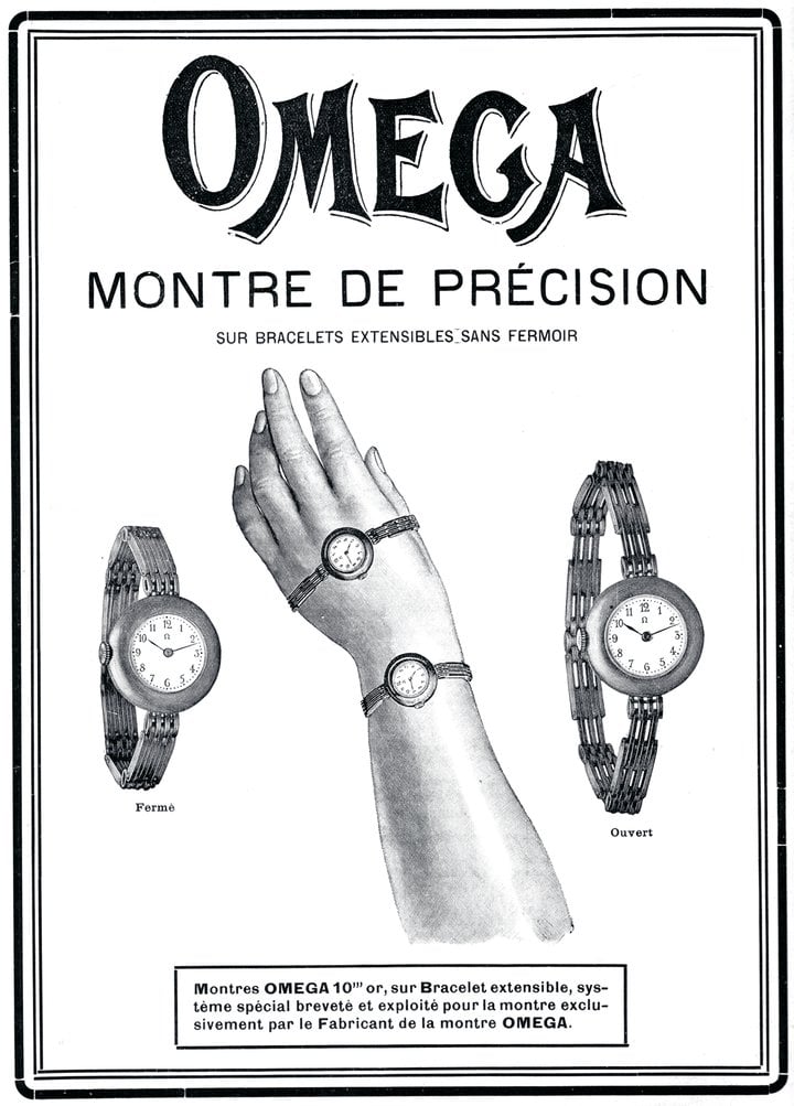 1908: In the first decade of the 20th century, wristwatches were primarily a feminine accessory, as demonstrated by this Omega timepiece featuring an innovative extendible bracelet.