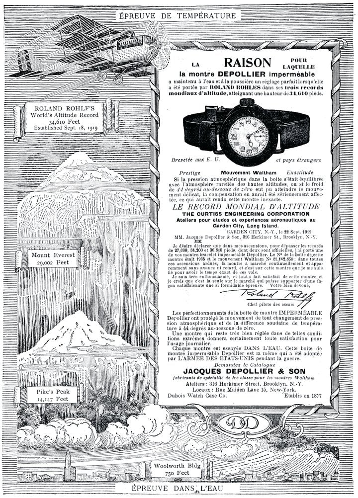 1919: From the trenches to aviation records: the waterproof Depollier model, adopted by the American military during the war's final months, accompanied pilot Roland Rohlfs on his 10,000-metre altitude ascent. This advertisement devotes extensive text to its features – an unusual approach in an age dominated by image-rich ads.