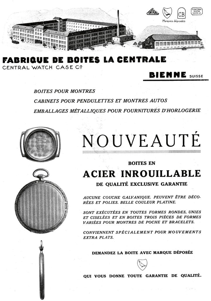 1930: Biel-based case manufacturer La Centrale announces the adoption of a new material in watchmaking: stainless steel. The image of the large-scale factory, a common feature in advertisements since the 1910s, demonstrates the advertiser's considerable production capacity.