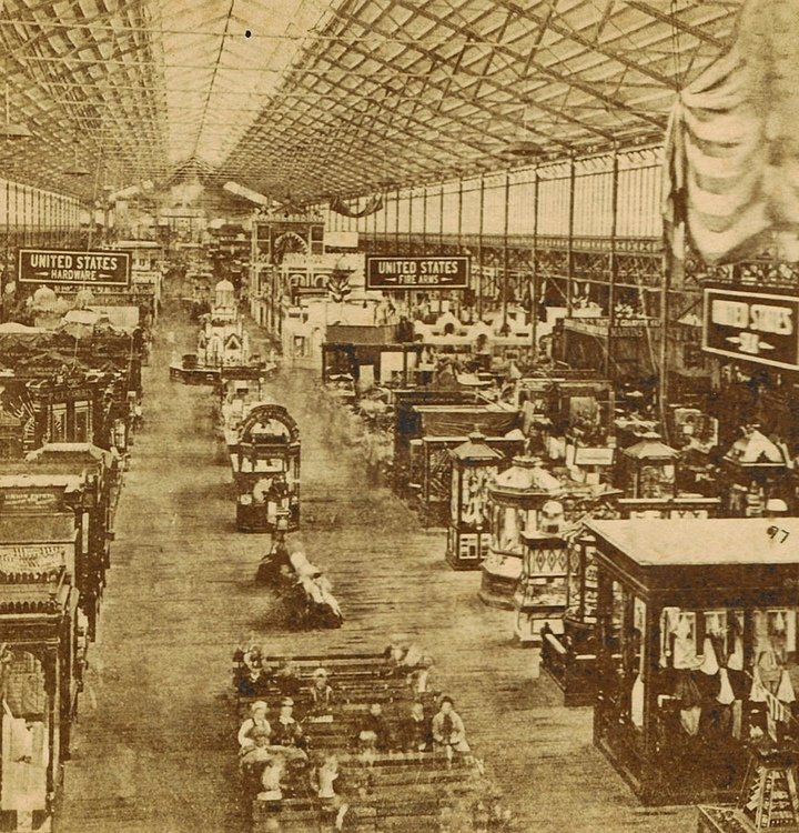 The Philadelphia Centennial Exhibition, 1876. Inside view of the Main Building. Stereoview (detail). Tissot Museum. 